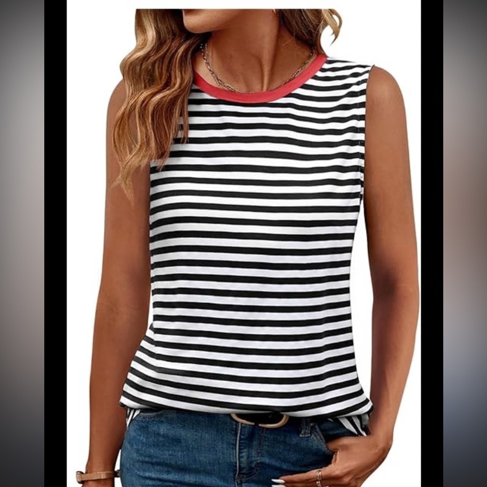 W5 Striped Black and White Sleeveless Top with Red Trim